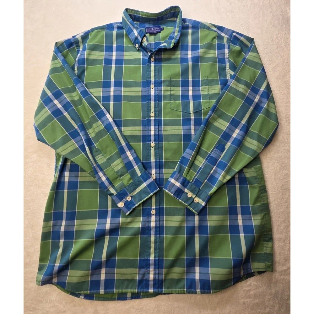Pendleton Mens Button Down Shirt Large Plaid Green Aqua Cotton